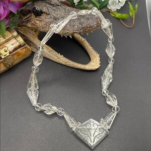 Etched glass and quartz crystal vintage necklace with 14k clasp